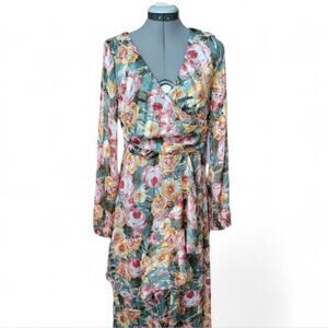 Olia Floral Vision Long Sleeve Maxi Dress Size Large Green Faux Wrap